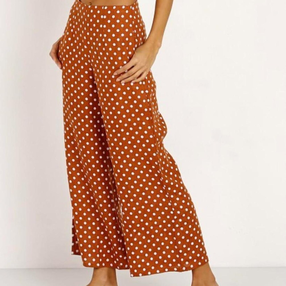 Faithfull The Brand Rust Brown Polka Dot Linen Wide Leg Pants S 4